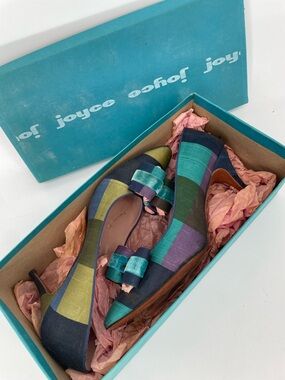 Vintage Multicolor / Color Block Ribbon Bow Heels W/ Velvet Detail Blue & Purple